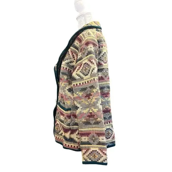 Vintage Patchwork Blazer Womens Size LP Tan Stripe Cotton Aztec Southwestern - Picture 11 of 16